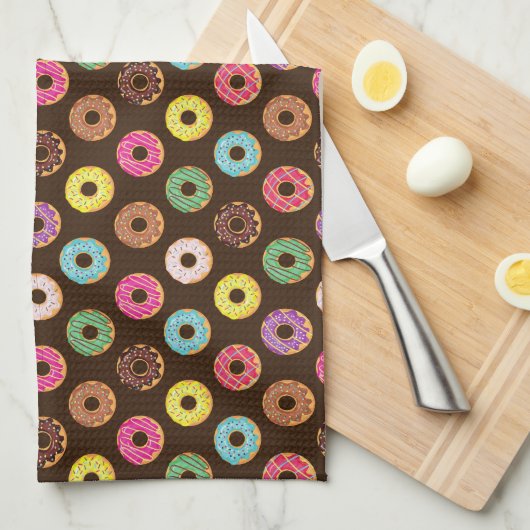 Kleurrijk Donut-patroon in chocolade Theedoek (Quarter Fold)