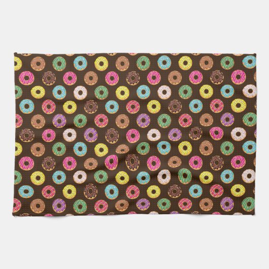 Kleurrijk Donut-patroon in chocolade Theedoek (Horizontaal)