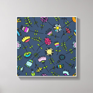 Kleurrijk Doodle Bloemmotief op Donkerblauw Canvas Afdruk