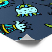 Kleurrijk Doodle Bloempatroon op Donkerblauw Poster (Hoek)