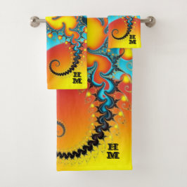 Kleurrijk doornfractal met monogram bad handdoek