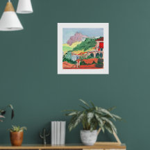 Kleurrijk dorpslandschap op een heuvel Kunstprint