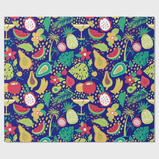 Kleurrijk driefocuspatroon van vruchten en bloemen cadeaupapier (Vlak)