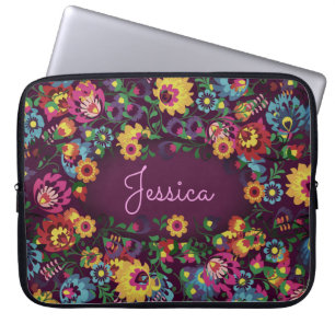 Kleurrijk Druk Bezige Bloemmotief Paars Persoonlij Laptop Sleeve