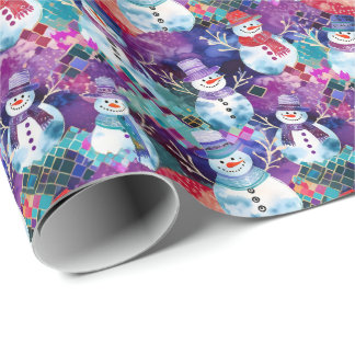 Kleurrijk drukke sneeuwmannenpatroon cadeaupapier