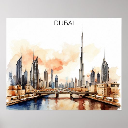 Kleurrijk Dubai VAE Aquarel  Poster (Voorkant)