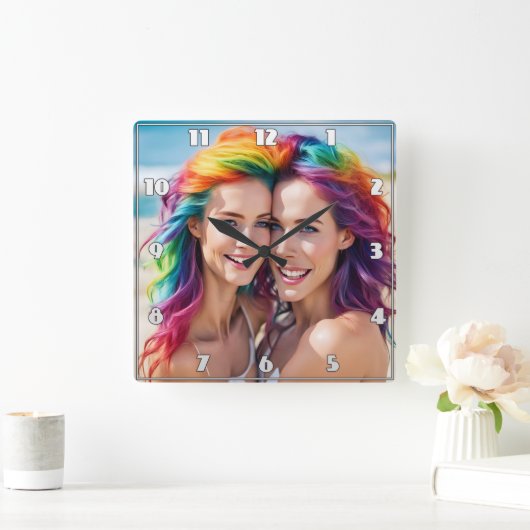 Kleurrijk duo met levendig haar op het strand vierkante klok (Huis)