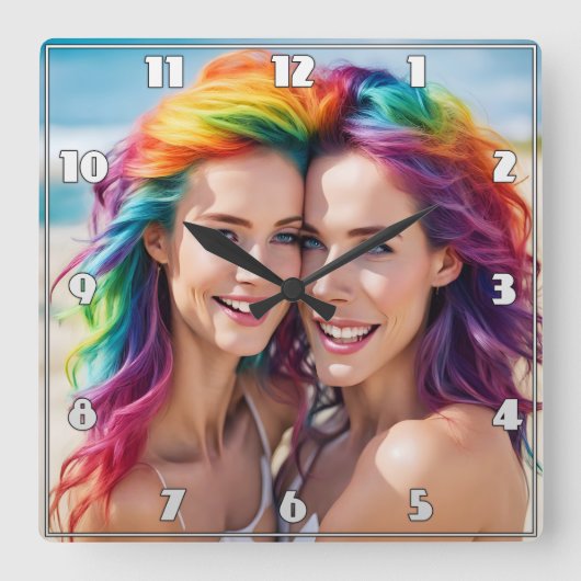 Kleurrijk duo met levendig haar op het strand vierkante klok (Voorkant)