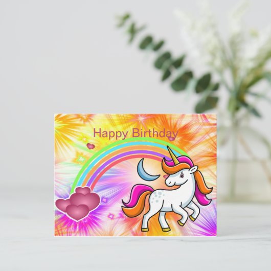 Kleurrijk, Eenhoorn, Regenboog, Harten, Verjaardag Briefkaart (Staand voorkant)