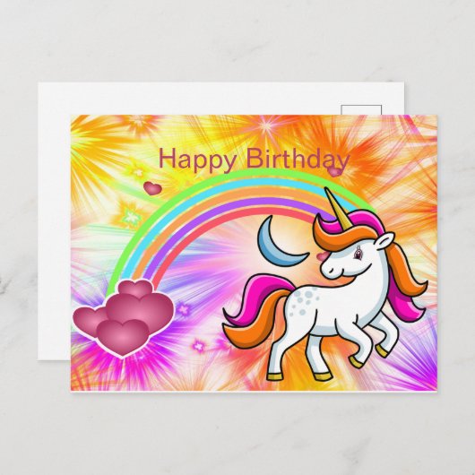 Kleurrijk, Eenhoorn, Regenboog, Harten, Verjaardag Briefkaart (Voorkant / Achterkant)