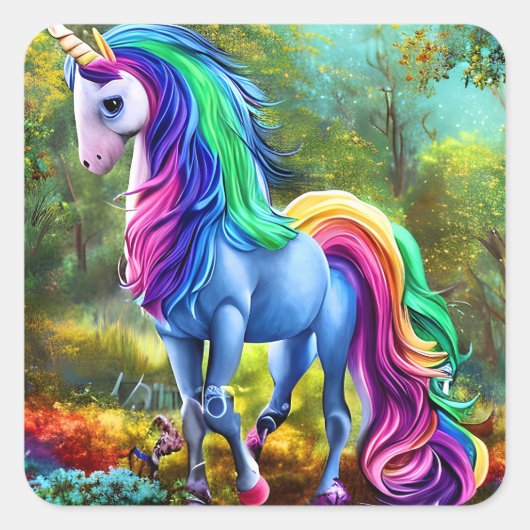 Kleurrijk eenhoornpaard in het bos-46567 vierkante sticker (Voorkant)