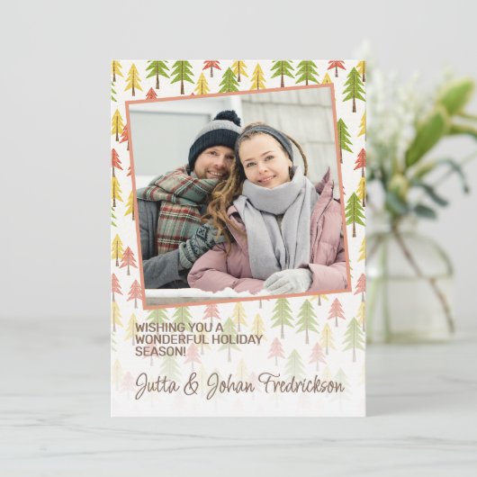 Kleurrijk Eenvoudig Rustiek Bos Pinetree Art Patro Feestdagenkaart (Staand voorkant)