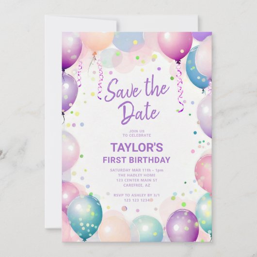 Kleurrijk eerste verjaardagsfeestje save the date (Voorkant)