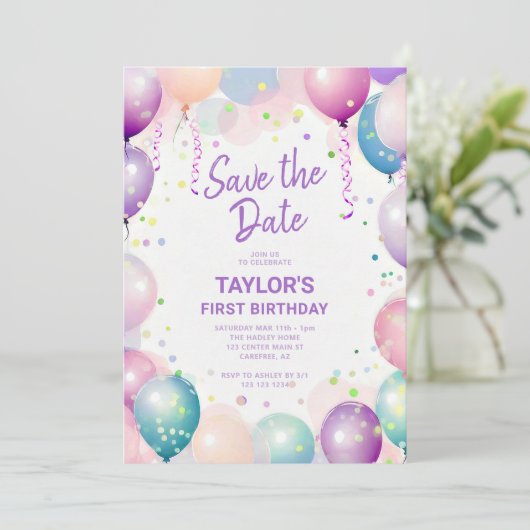 Kleurrijk eerste verjaardagsfeestje save the date (Staand voorkant)