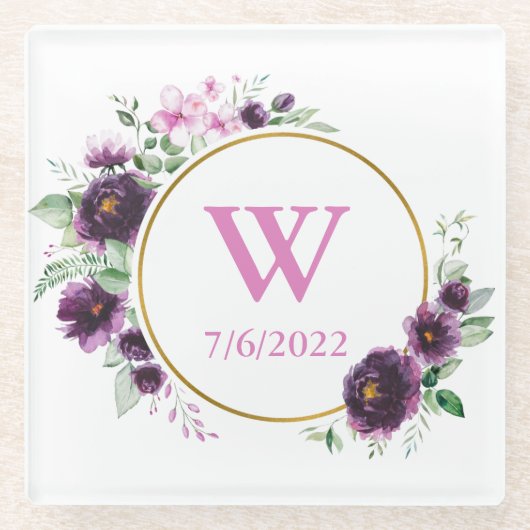 Kleurrijk Elegant Floral Monogram Glass Onderzette Glazen Onderzetter (Voorkant)