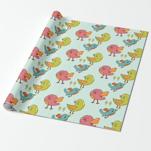 Kleurrijk en Cute Whimsical Birds Trio Pattern Cadeaupapier (Uitgerold)