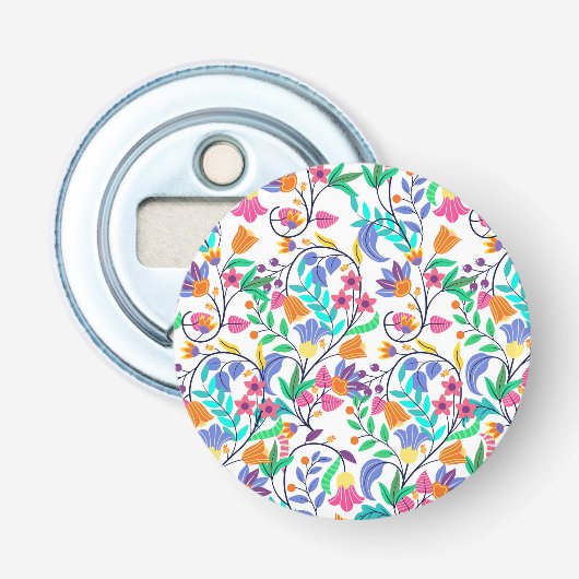 Kleurrijk Exotisch Bloemmotief Button Flesopener (Voorkant)