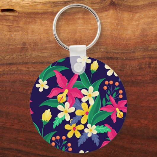 Kleurrijk Exotisch Bloempatroon-23021 Sleutelhanger (Voorkant)