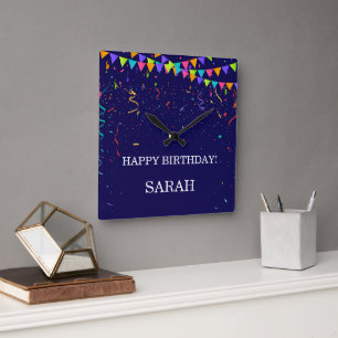 Kleurrijk feestconfetti & gelukkig verjaardag-cade vierkante klok