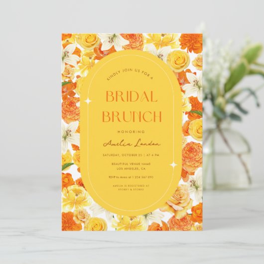 Kleurrijk & Fel Geel Oranje Bloemig Bruidsbrunch Kaart (Staand voorkant)