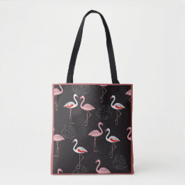 Kleurrijk Flamingo patroon op zwarte achtergrond Tote Bag