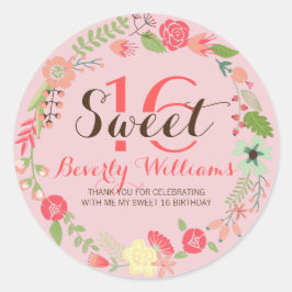 Kleurrijk flesje met roze zoete 16 ronde sticker