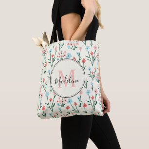 Kleurrijk Floral Ivory White Elegant Roze Monogram Tote Bag