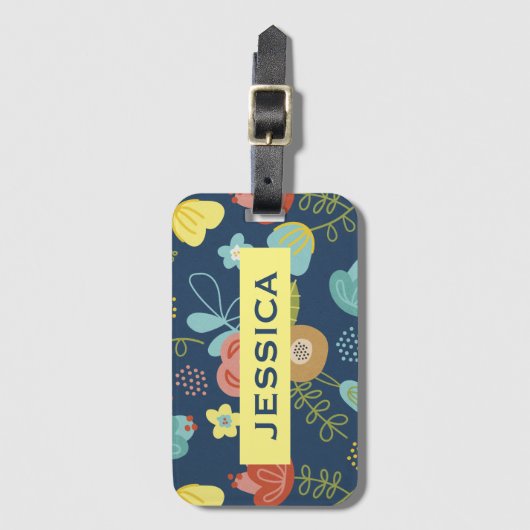 Kleurrijk Floral Pattern Dark Blue Personalized Bagagelabel (Voorkant (verticaal))