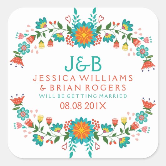 Kleurrijk Floral Wreath Lijst Vierkante Sticker (Voorkant)