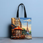 Kleurrijk Frans Café Eiffeltoren Parijs Frankrijk Tote Bag<br><div class="desc">De kleurrijke Franse Cafe Eiffeltoren Paris France Canvas tassen beschikt over een kleurrijk Frans café en architectuur met de Eiffeltoren op de achtergrond. Creëer door Evco Studio www.zazzle.com/store/evcostudio</div>