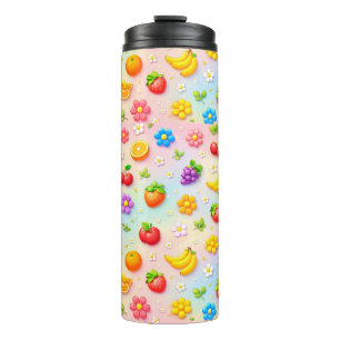 Kleurrijk Fruitpatroon Met Bloemen en Vruchten Thermosbeker