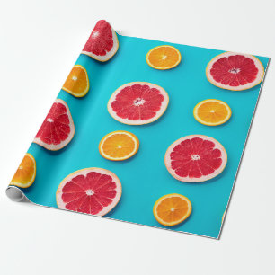 Kleurrijk fruitpatroon van vers sinaasappel en ver cadeaupapier