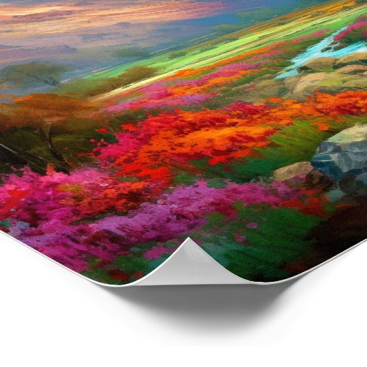 Kleurrijk gebergte, blauwe hemel, bloemen en rivie poster (Hoek)