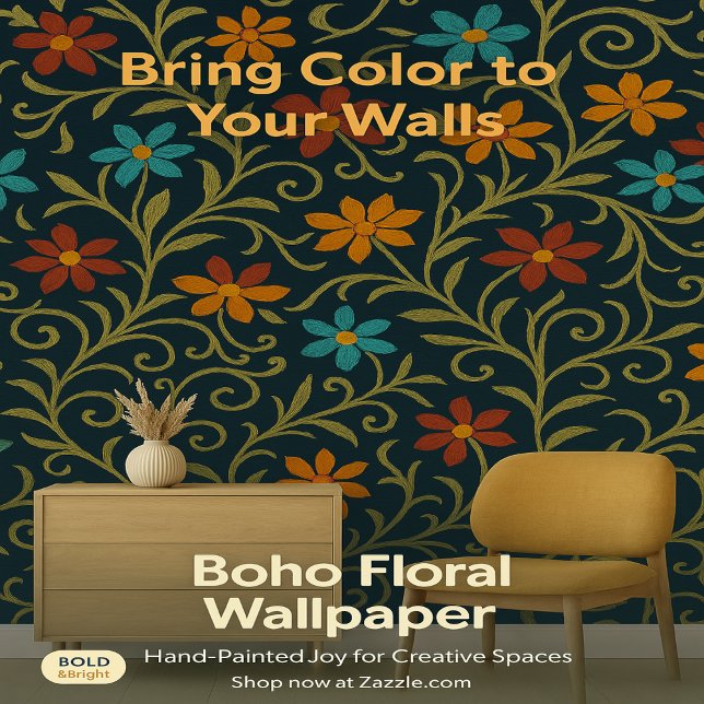 Kleurrijk Geborduurd Bloempatroon op Darkblue Behang (Creator heeft geüpload)