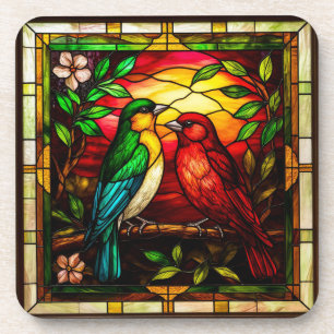 Kleurrijk gebrandschilderd glas met twee vogels bier onderzetter