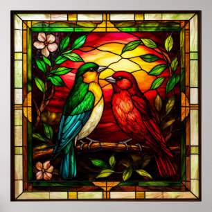 Kleurrijk gebrandschilderd glas met twee vogels poster