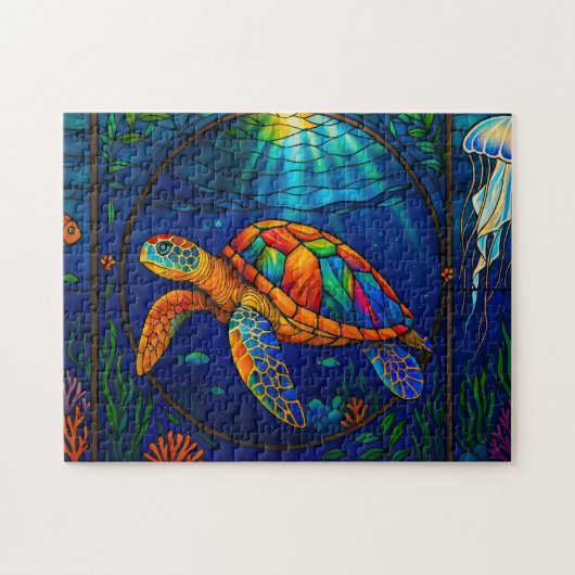 Kleurrijk Gebrandschilderd Glas Zeeschildpad Oceaa Legpuzzel (Horizontaal)