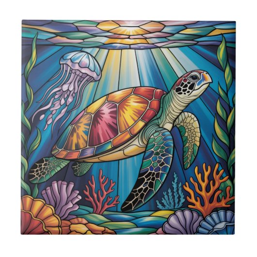 Kleurrijk Gebrandschilderd Glas Zeeschildpad Oceaa Tegeltje (Voorkant)