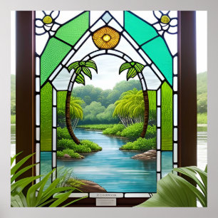Kleurrijk Gebrandschilderd Raam Natuur Scene Poster