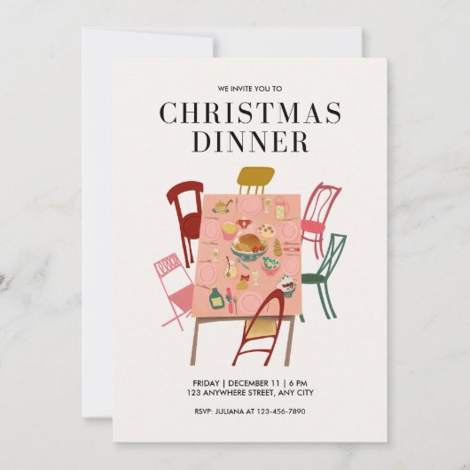 Kleurrijk geïllustreerd kerstdiner kaart (Voorkant)