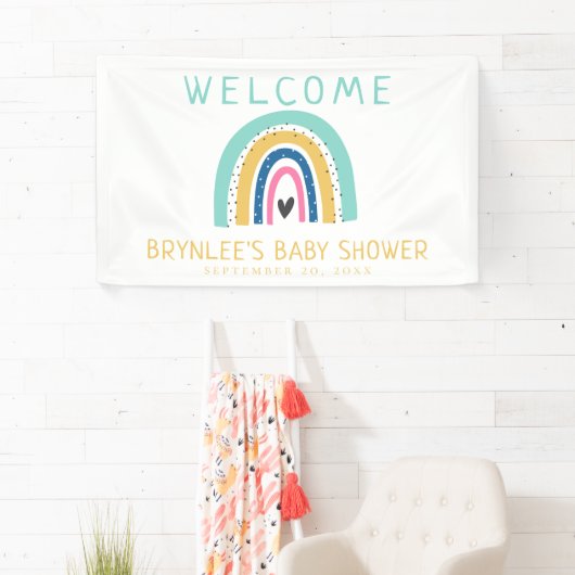 Kleurrijk geïllustreerd pasteelregenboogBaby showe Spandoek (Insitu)
