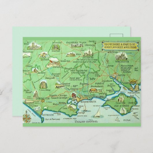 Kleurrijk geïllustreerde kaart Hampshire Engeland (Voorkant / Achterkant)