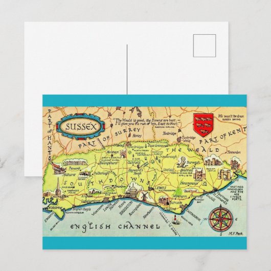 Kleurrijk geïllustreerde kaart van Sussex Engeland (Voorkant / Achterkant)