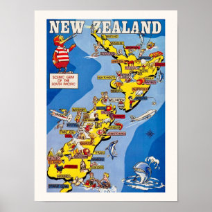 Kleurrijk geïllustreerde Nieuw-Zeelandse afdruk Poster