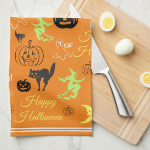 Kleurrijk Gelukkig Halloween Patroon Oranje Theedoek