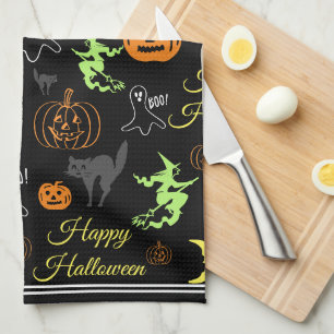 Kleurrijk Gelukkig Halloween Patroon Zwart Theedoek