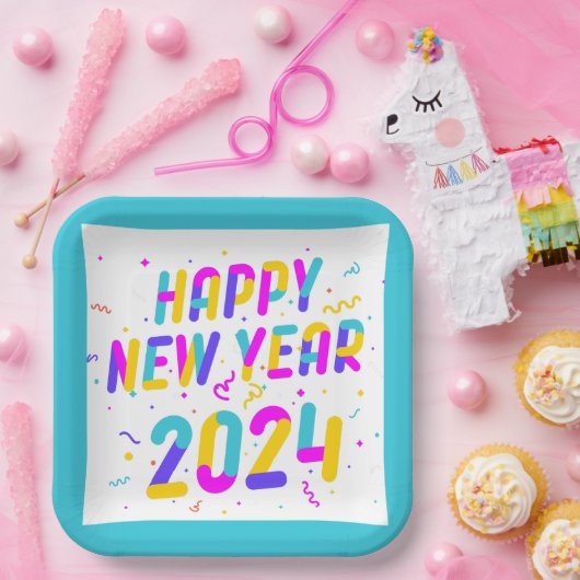 Kleurrijk Gelukkig Nieuwjaar 2024 Papier Bord (Feest)