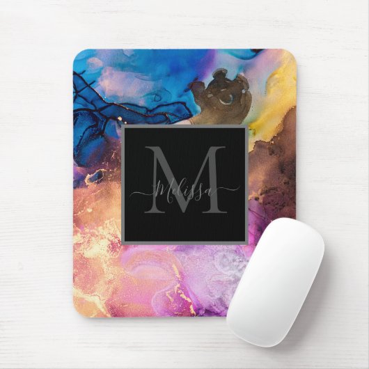 Kleurrijk gemarmerd monogram muismat (Met muis)