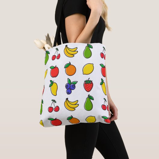 Kleurrijk, gemengd fruitpatroon tote bag (Dichtbij)