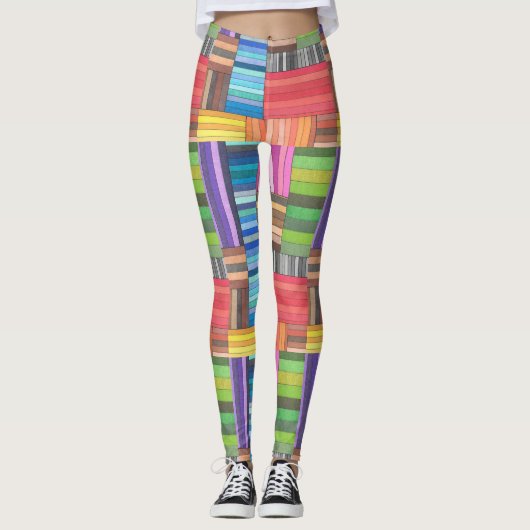 Kleurrijk geometrisch gestreept patroon in regenbo leggings (Voorkant)